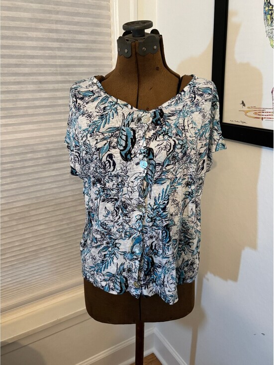 Tahari Tops - Tahari Women’s L 100% Linen Blue Bird Floral Button Front Coastal Top (2185)